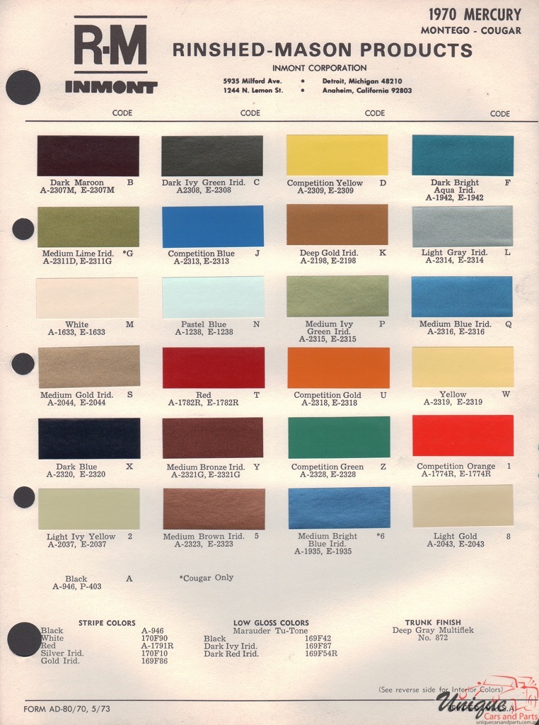 1970 Mercury Paint Charts Rinshed-Mason